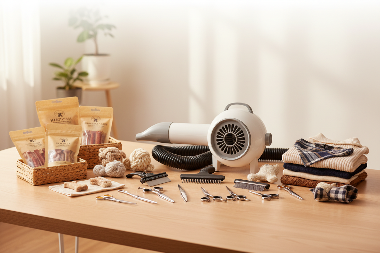 要一张网站用的背景图 关于宠物用品 有吹水机 美容剪刀 宠物零食 宠物衣服